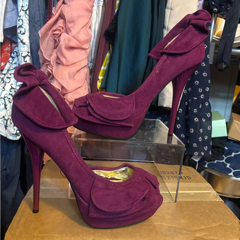 Anne Michelle Plum Stiletto Heels with Ruffle Accent